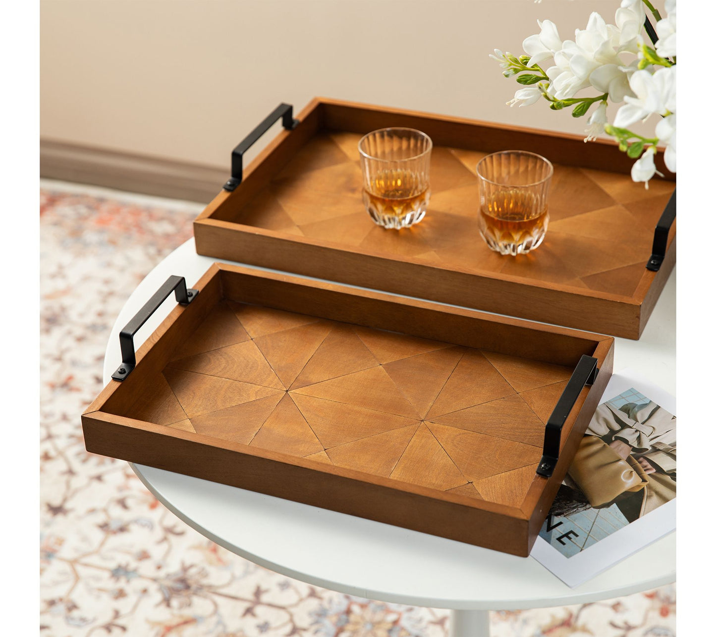 Glitzhome Rectangle Wooden Geometric DecorativeTrays Set of 2