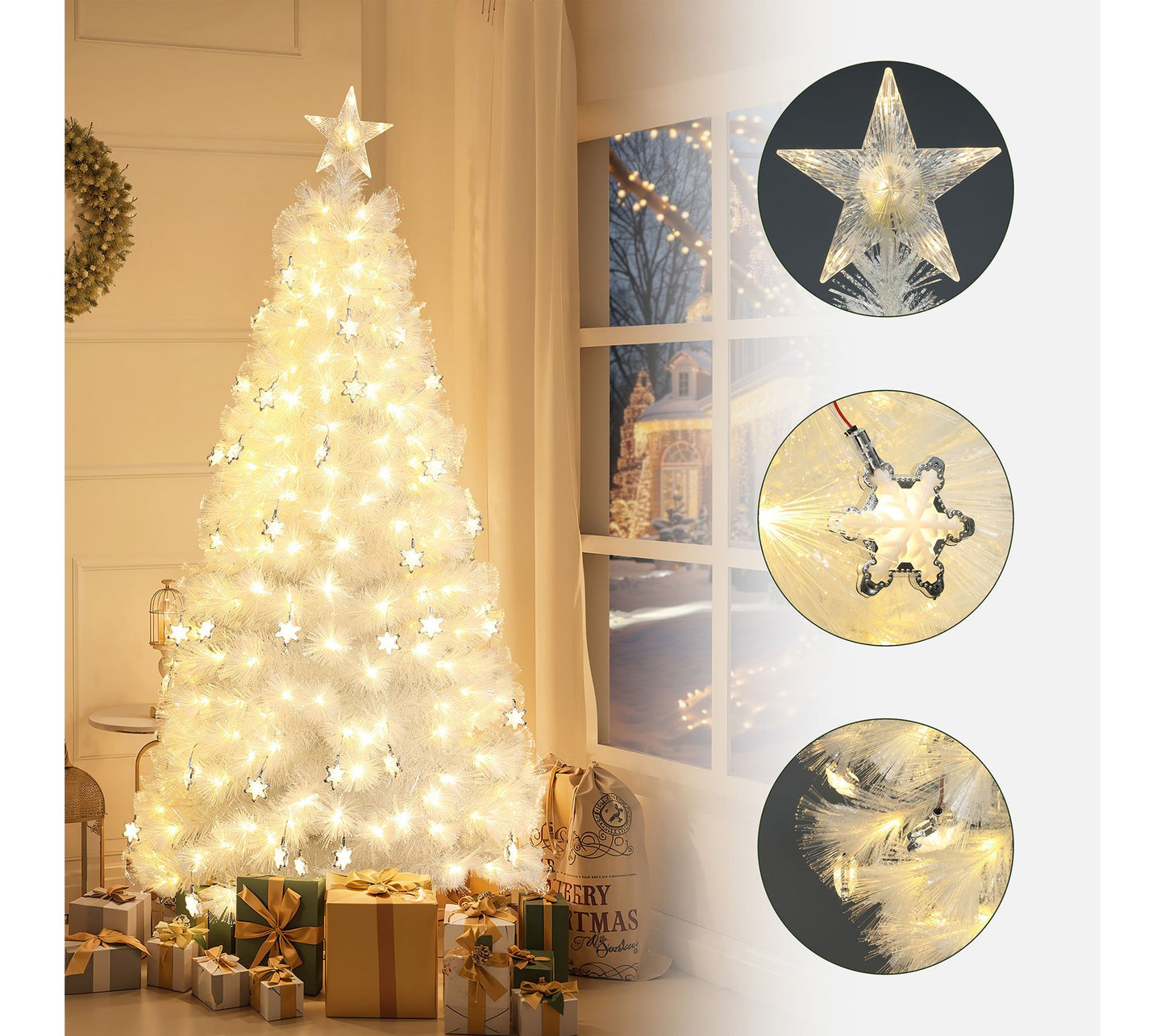LuxenHome 6Ft White Fiber Optic Christmas Treew/ Star Top