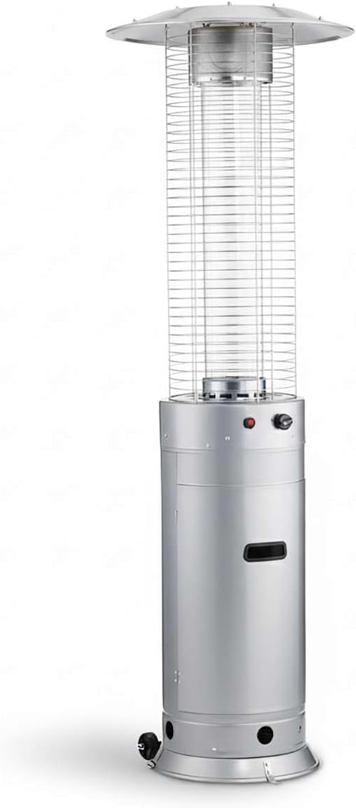 46,000 BTU Steel Round Commercial Propane Outdoor Patio Heater with Glass Flame Tube and Protective Mesh \u2013 Freestanding Portable Design with Wheels for Patio, Deck, Restaurant, Poolside, Events