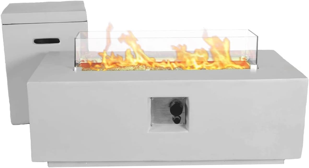 Bluegrass Living 42 Inch x 15 Inch Rectangular MGO Propane Fire Pit Table with Side Table Tank Storage, Glass Wind Guard, Crystal Glass Beads, Fabric Cover - Model# DFT42R-CG