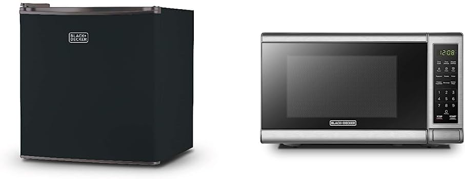 BLACK+DECKER BCRK17B Compact Refrigerator Energy Star Single Door Mini Fridge with Freezer, 1.7 Cubic Feet, Black & EM720CB7 Digital Microwave Oven with Turntable Push-Button Door, Child Safety Lock