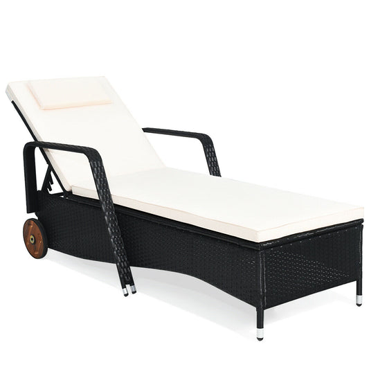 Costway Rattan Black Polyester Frame C-spring Chaise Lounge Chair with White Cushioned Seat