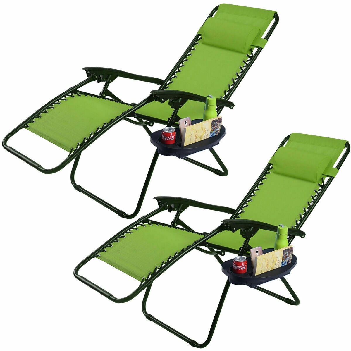 Clihome Set of 2 Black Steel Frame Stationary Zero Gravity Chair with Green Textilene fabric Sling Seat