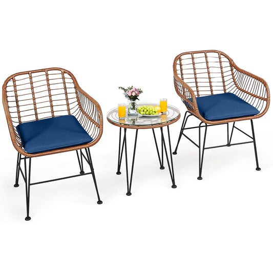 Clihome Bistro Set 3 -Piece Brown Rattan Bistro Patio Dining Set Steel Round Table with 2 Blue Cushions Stationary Chairs