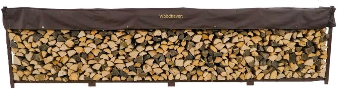 Woodhaven 16 Foot Brown - Made in the USA - 1 Cord Outdoor Firewood Storage - Large Outdoor Log Rack With Seasoning Cover - Metal Firewood Rack - Heavy Duty (Cover)