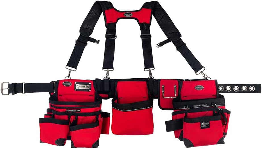 Bucket Boss 3 Tool Bag Tool Belt with Suspenders in Red, 55185-RD