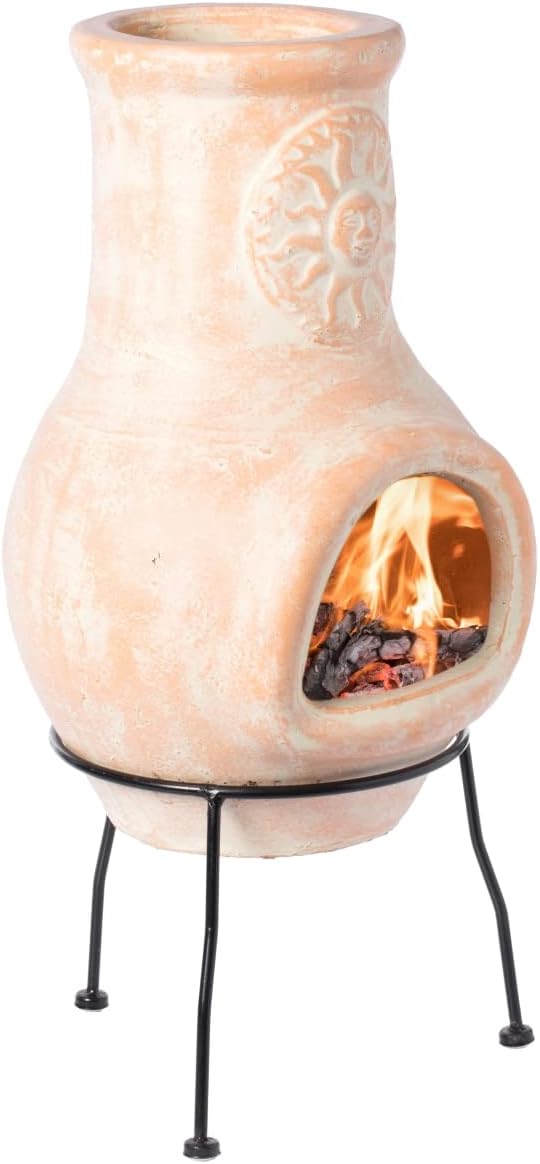 Outdoor Beige Clay Chiminea Outdoor Fireplace Sun Design Charcoal Burning Fire Pit with Sturdy Metal Stand Barbecue Cocktail Party Family Gathering Cozy Nights Fire Pit