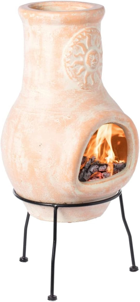 Outdoor Beige Clay Chiminea Outdoor Fireplace Sun Design Charcoal Burning Fire Pit with Sturdy Metal Stand Barbecue Cocktail Party Family Gathering Cozy Nights Fire Pit