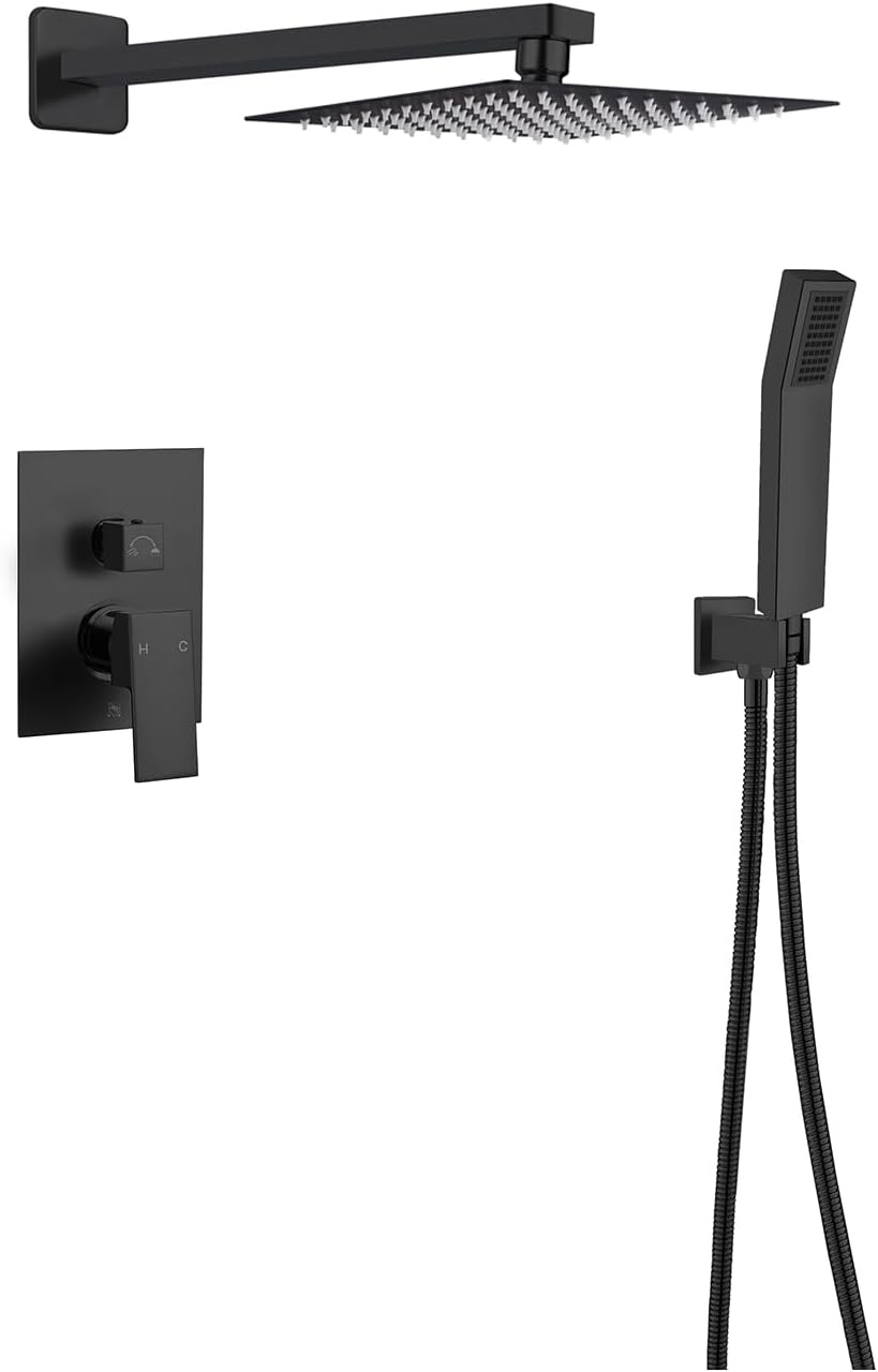 Cpbnorm Square Rainfall Shower Head and Handle Set, Wall Mounted Shower Fixtures, Metal Shower Faucet Trim Repair Kits, With Shower Valve,(Matte Black)