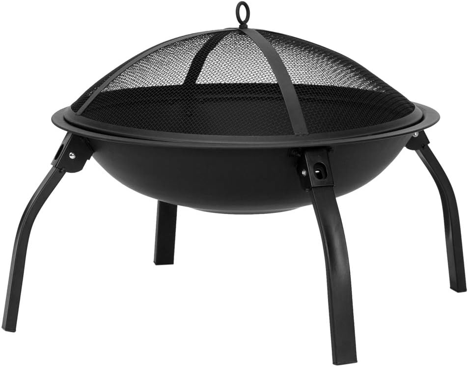 Portable 22-Inch Folding Fire Pit, Black Iron Wood Burning Brazier with Mesh Cover, Outdoor Backyard Patio Heater with 4 Legs