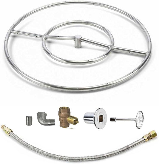 HPC Round Match Lit Fire Pit Burner Kit (FPS24KIT-NG-MSCB) with 24-Inch Stainless Steel Burner, Natural Gas, Polished Chrome, with Flange, Key, Valve, Flex Line and Fittings