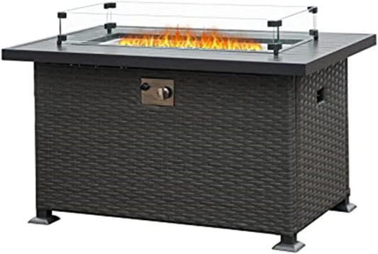 43.3 Inch Fire Pit Table with Glass Wind Guard, 50,000 BTU Smokeless Fire Pits for Outside with Aluminum Tabletop, Outdoor Wicker Gas Fire Pits for Patio