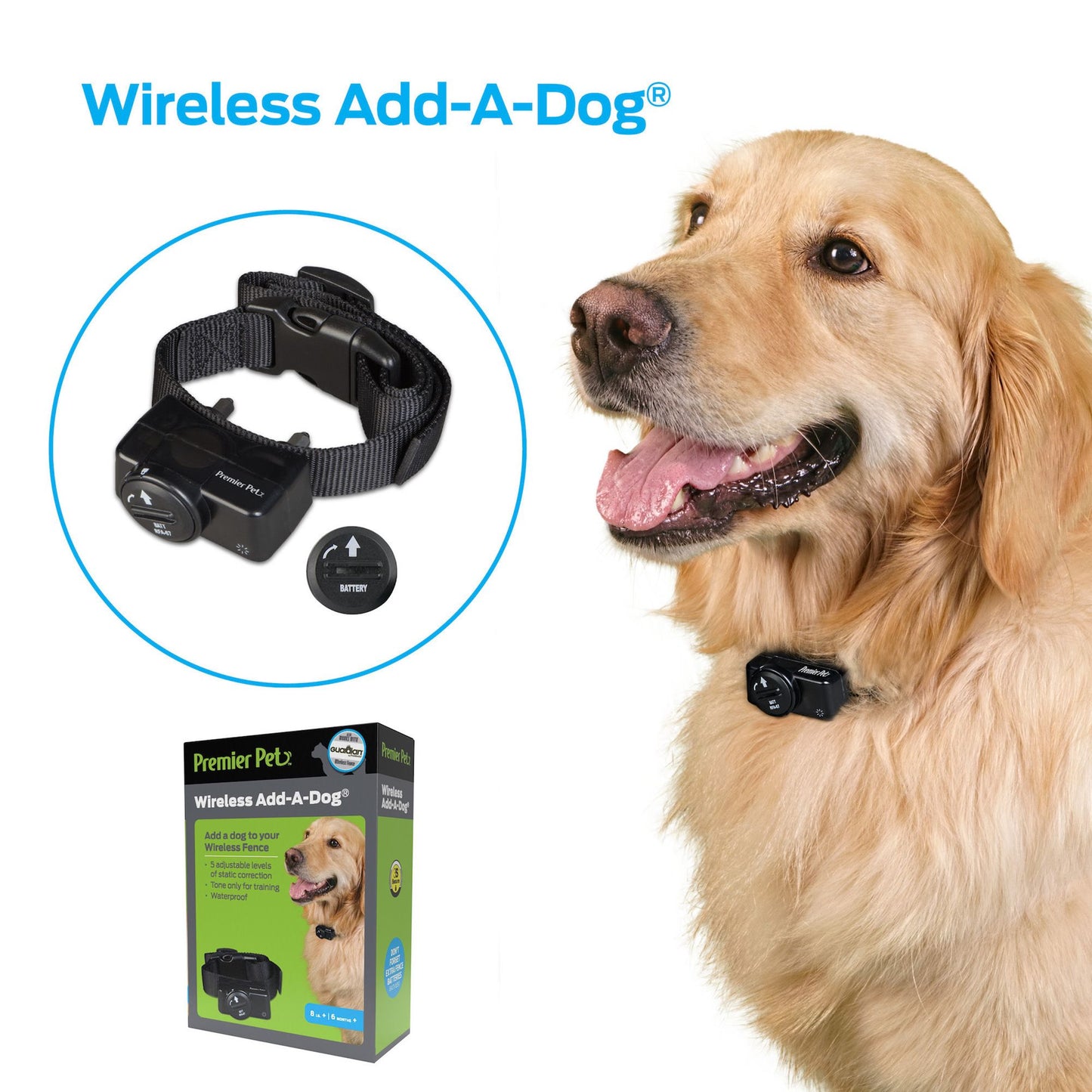 Premier Pet Wireless Add-A-Dog® - Waterproof Receiver Collar - Adjustable up to 1/2 Acre