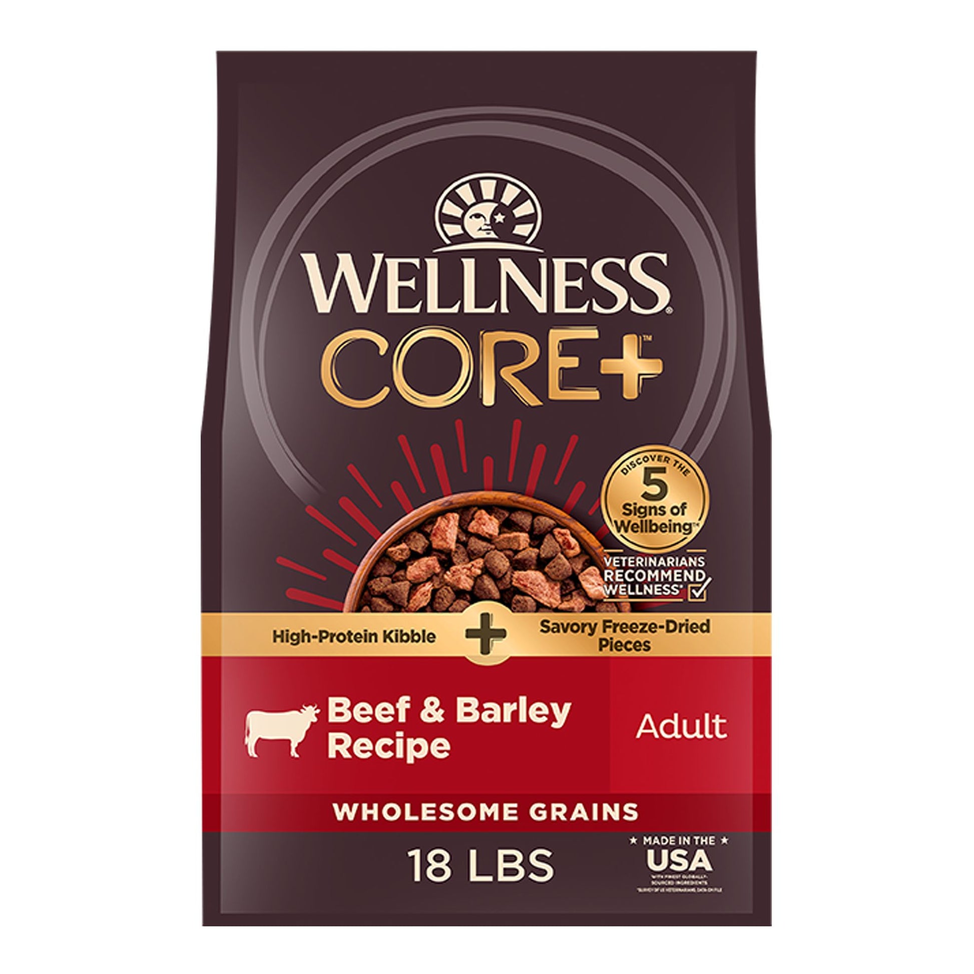 Wellness Core+ High Protein Kibble + Savory Freeze-Dried Pieces - Beef & Barley, Wholesome Grains 4 Lb