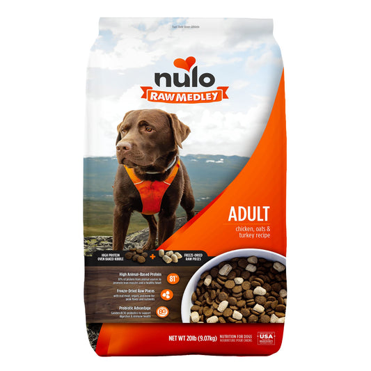 Nulo Raw Medley Adult Dog Food - Kibble Plus Freeze Dried Pieces, Chicken, Oats & Turkey 4 Lb
