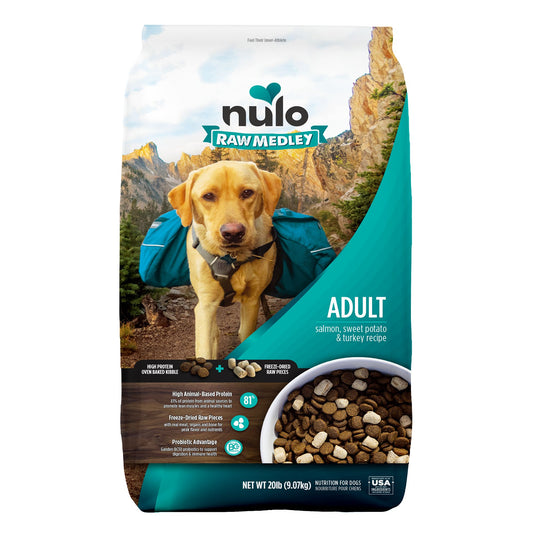 Nulo Raw Medley Adult Dog Food - Kibble Plus Freeze Dried Pieces, Salmon, Sweet Potato & Turkey 4 Lb