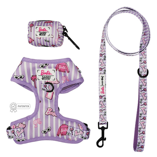 Sassy Woof Barbie Closet Goals Dog Harness, Leash and Waste Bag Holder Bundle Medium