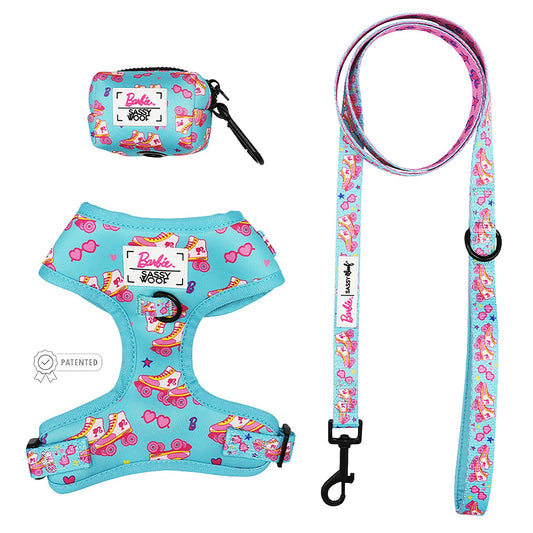 Sassy Woof Barbie On a Roll Dog Harness, Leash and Waste Bag Holder Bundle Large