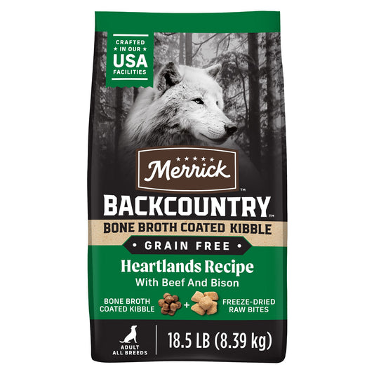 Merrick Backcountry Bone Broth Coated Kibble Adult Dog Dry Food - Grain Free, Beef & Bison 4 Lb