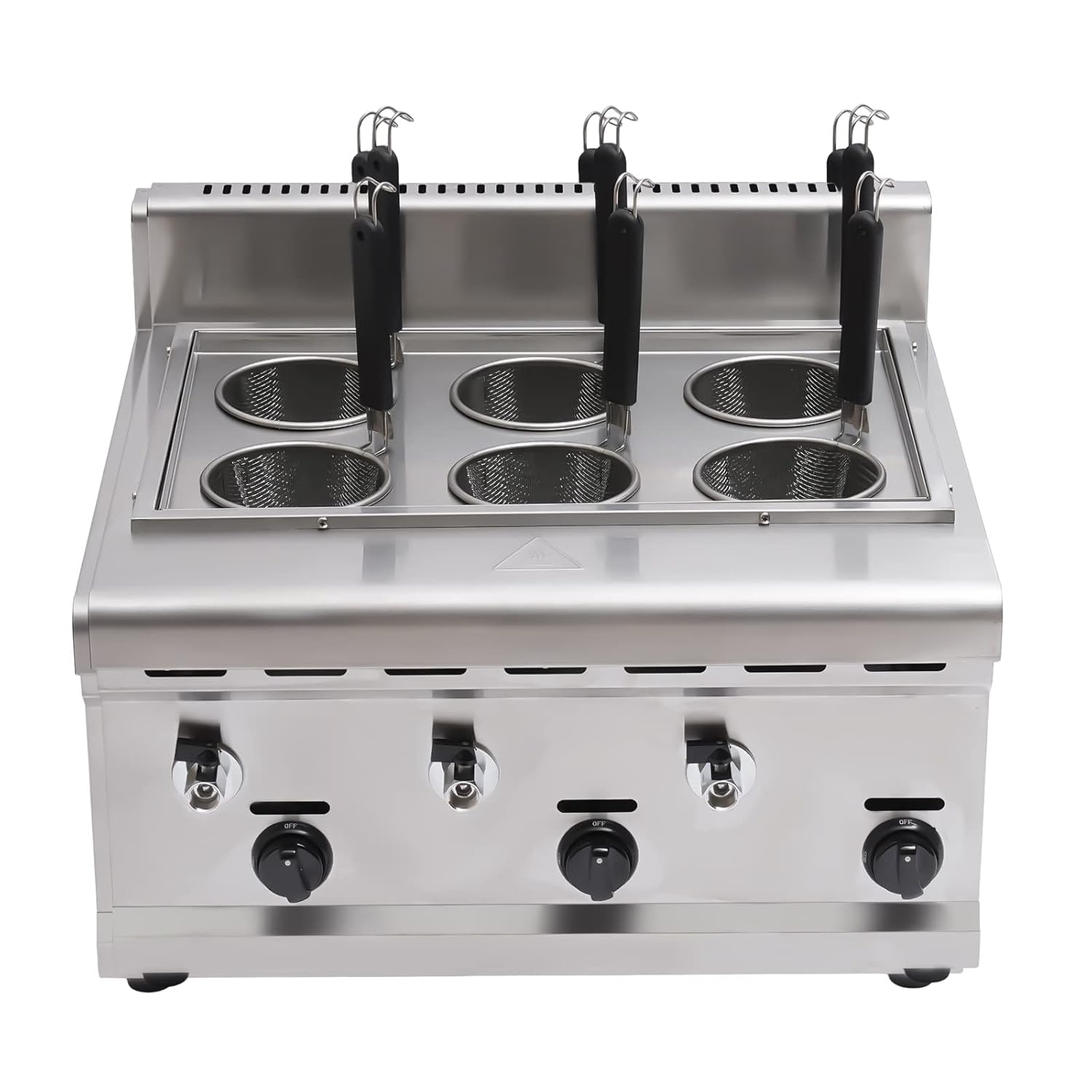 Commercial Pasta Cooker, 6 Holes Stainless Steel Noodle Cooking Machine, Gas Pasta Cooking Machine with 6 Mesh Filters and 3 Gas Knobs, Multifunctional Pasta Cooking Machine for Dumplings Noodles