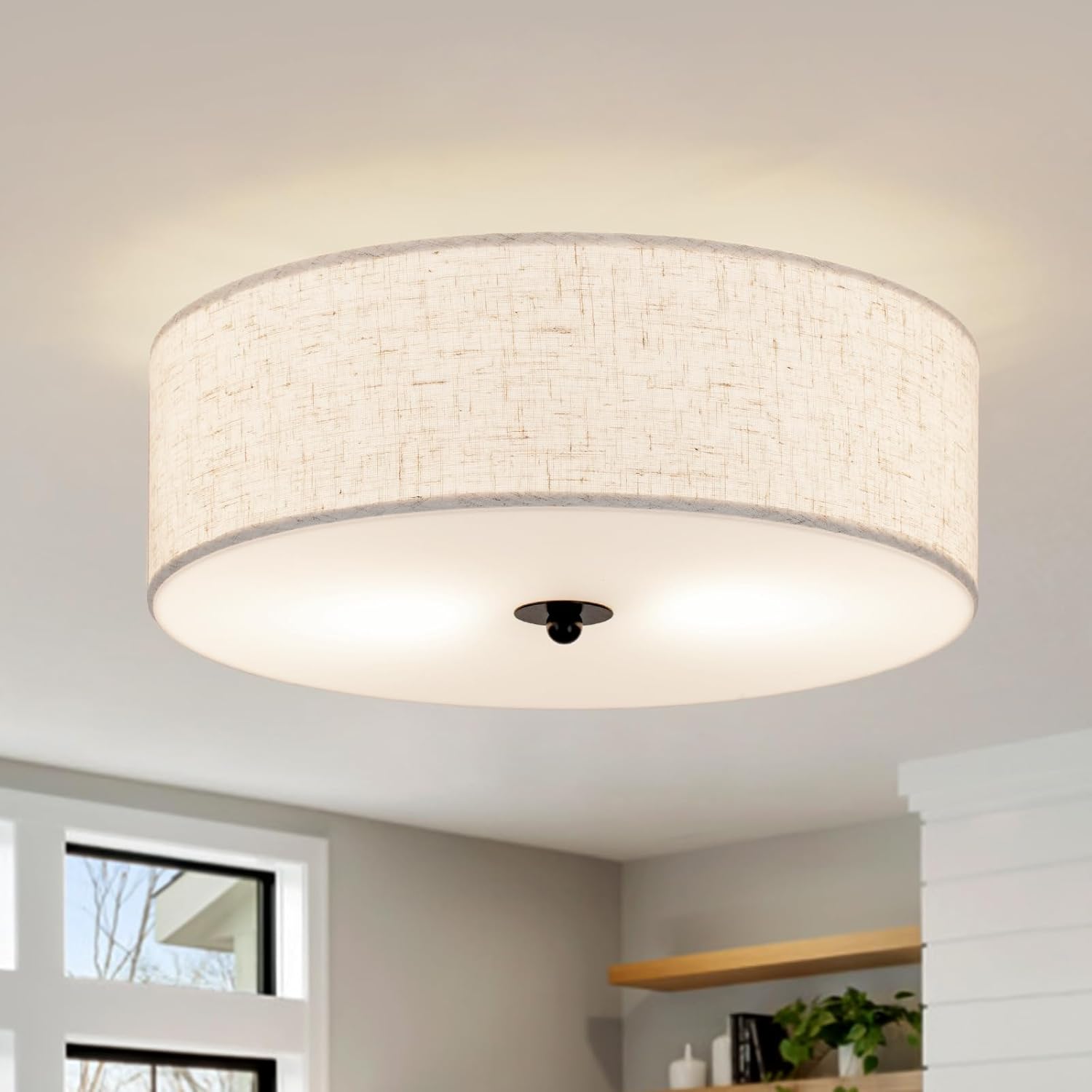 CALOKES Flush Mount Ceiling Light Fixture, 13" Close to Ceiling Light with Beige Fabric Linen Drum Shade, 2-Light Modern Round Ceiling Light for Bedroom Hallway Dining Kitchen