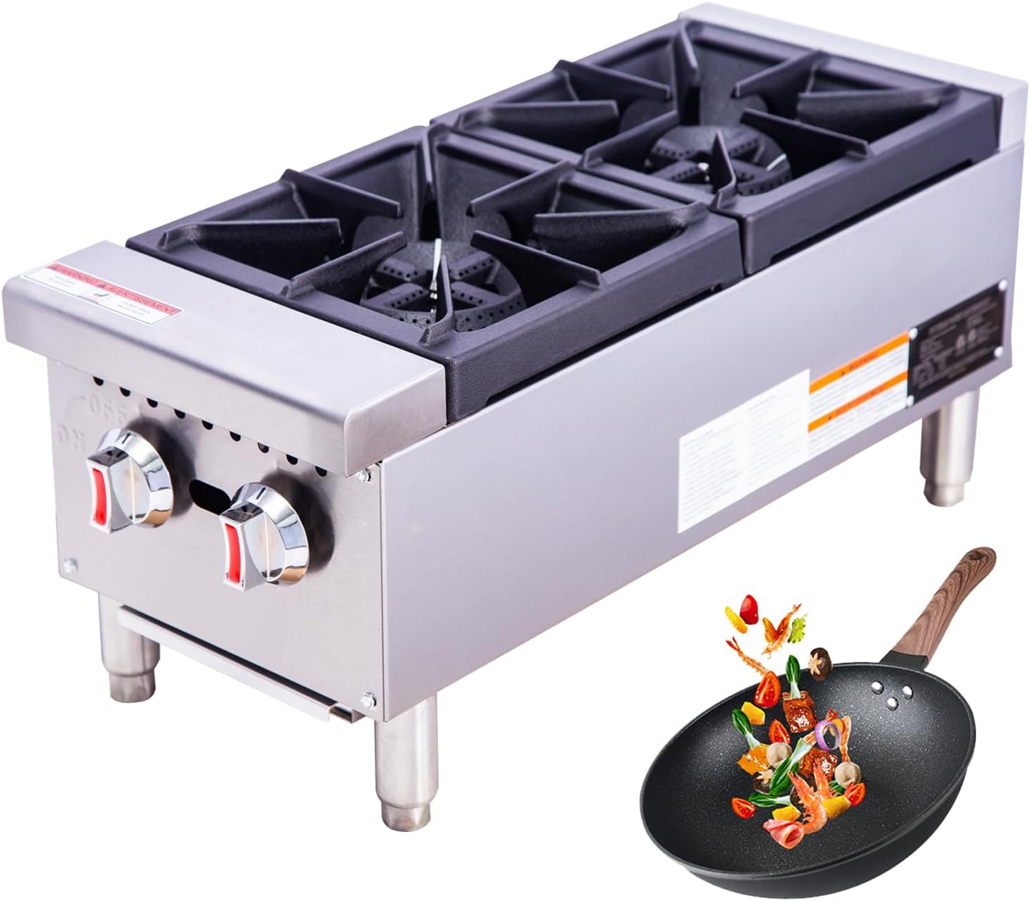 Commercial Gas Hot Plate, 12" 2-Burner 60,000 BTU Countertop Range, ETL Listed, Compact Stainless Steel Unit for Small Kitchen & Food Truck