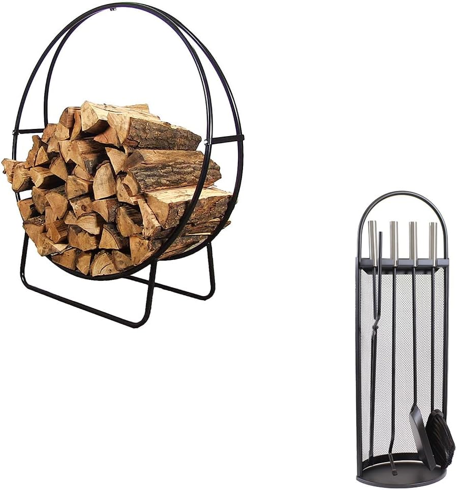 Sunnydaze 24” Tubular Outdoor Firewood Rack Hoop and 4-Piece Fireplace Tool Set with Mesh Shroud Stand