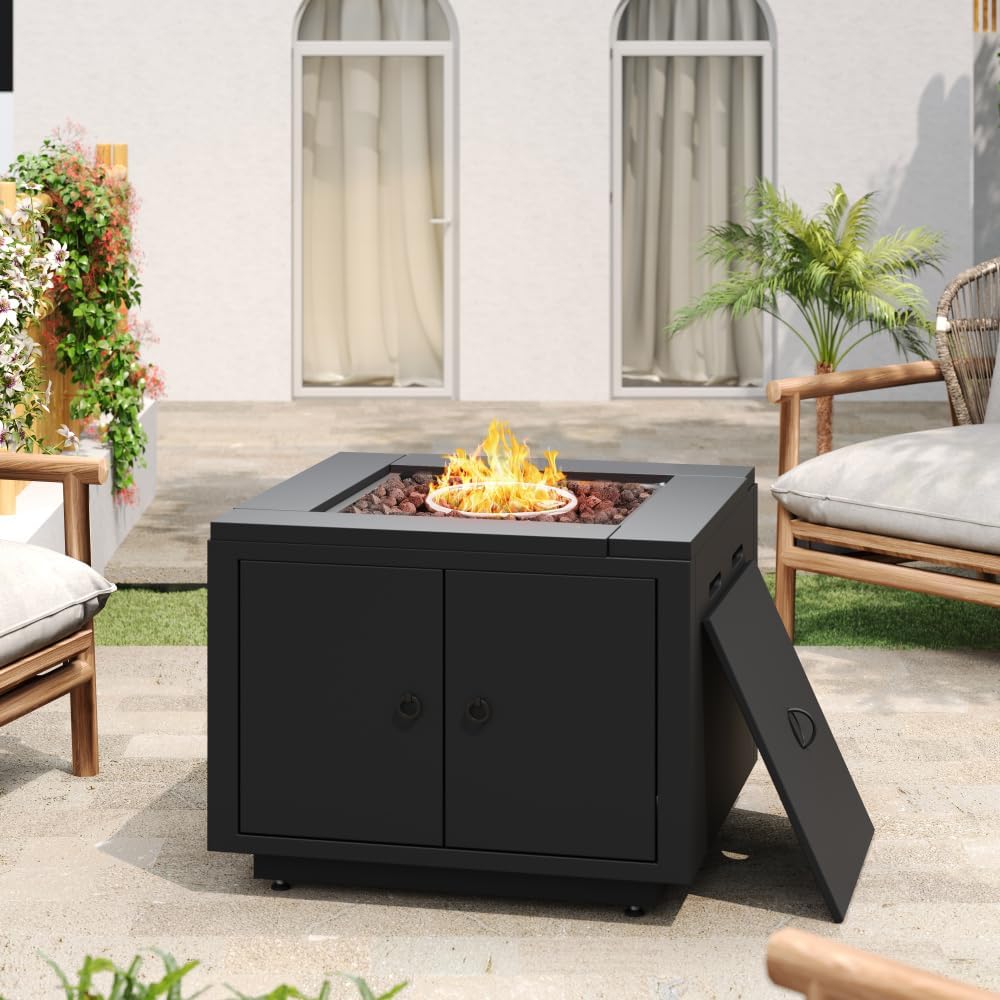 30inch Sleek Square Steel Fire Pit Table in Black with Lava Rocks and Protect Cover for Patio and Deck, 40000BTU