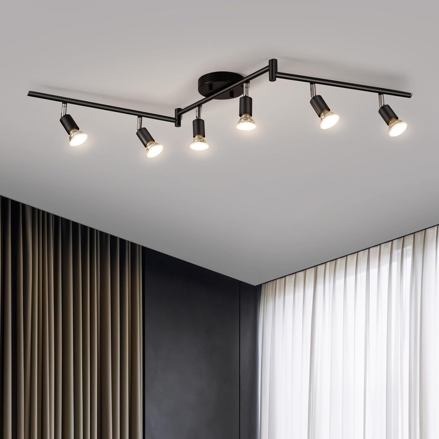 Bojim 6 Light LED Track Lighting Kit, Ceiling Spot Lighting with Adjustable Light Heads & Foldable Light Arms, Matte Black Kitchen Track Lighting (GU10 Socket, Bulbs Not Included)