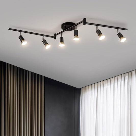 Bojim 6 Light LED Track Lighting Kit, Ceiling Spot Lighting with Adjustable Light Heads & Foldable Light Arms, Matte Black Kitchen Track Lighting (GU10 Socket, Bulbs Not Included)