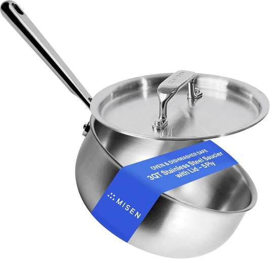 Misen 5-Ply Stainless Steel Saucier with Lid\u2013 Induction-Compatible Pan with Curved Sides for Smooth Stirring - Oven Safe to 800F \u2013 Even Heat Distribution & Ergonomic Handle - 3 QT
