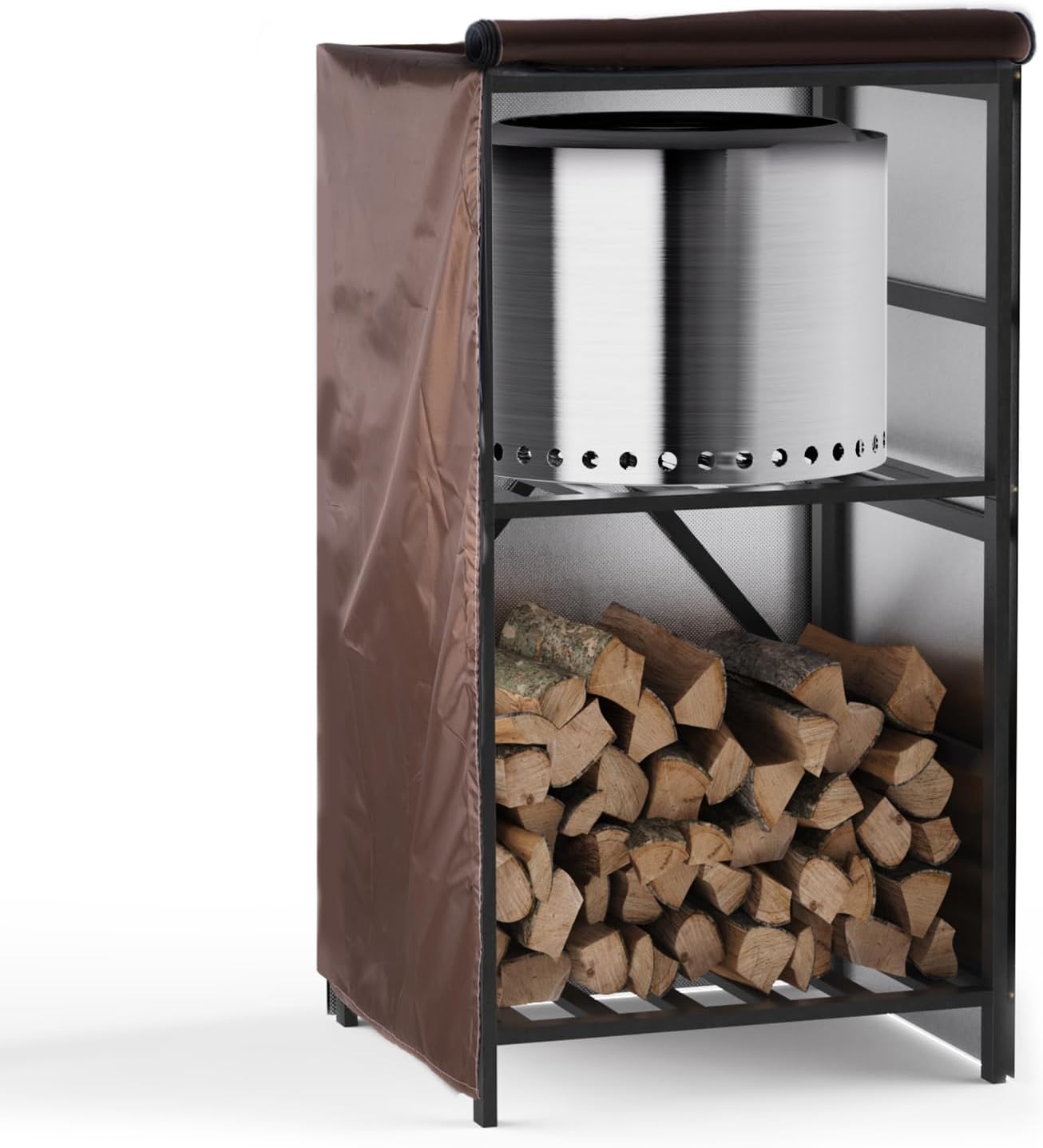 Storage Station 4.5ft for Solo Stove Yukon, Bonfire, Ranger and other Fire Pit Stove, Firewood Storage Cabinet with Waterproof Cover for Patio Logs Fire Pit Accessories Camping and Backyard Use