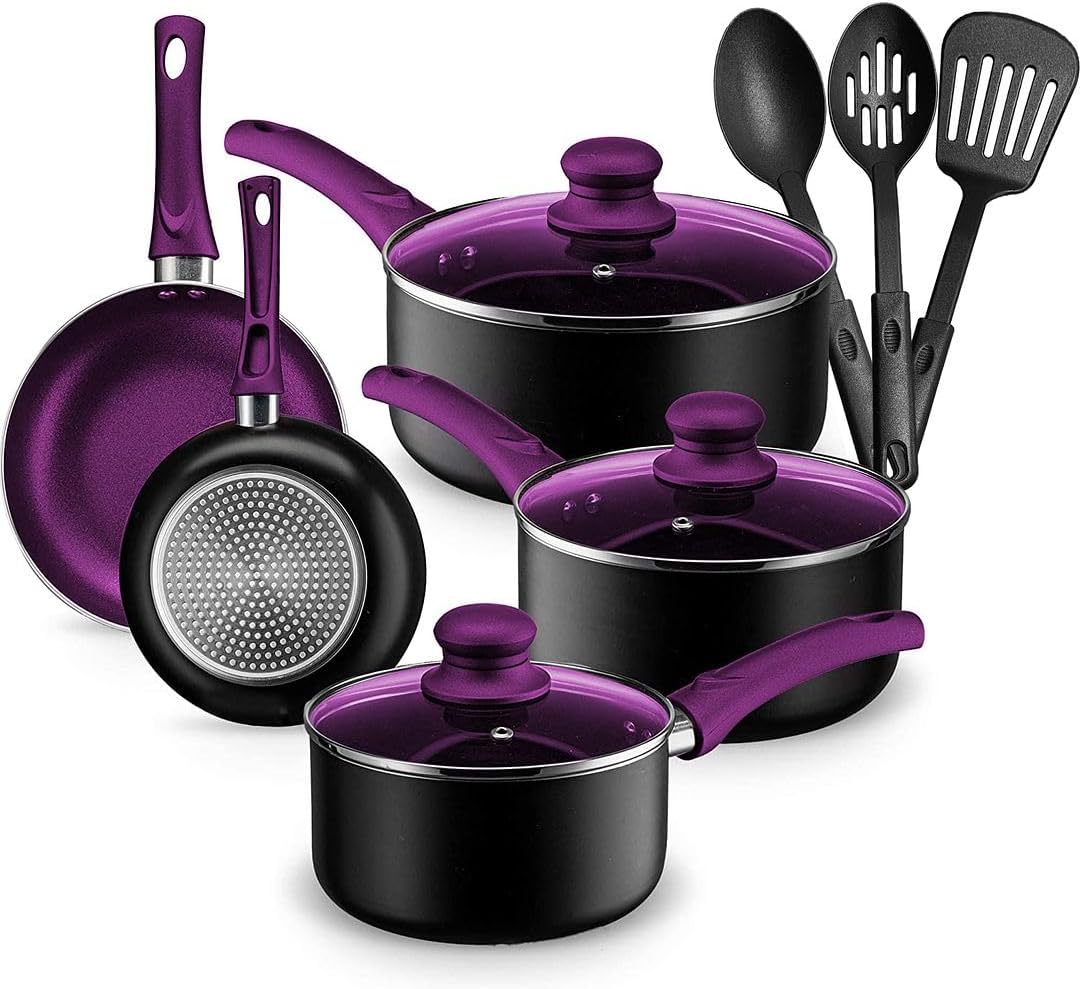 Chef\u2019s Star Aluminum Pots and Pans Set for Kitchen - Nonstick Stackable Induction Cookware, 11 Pcs, Purple
