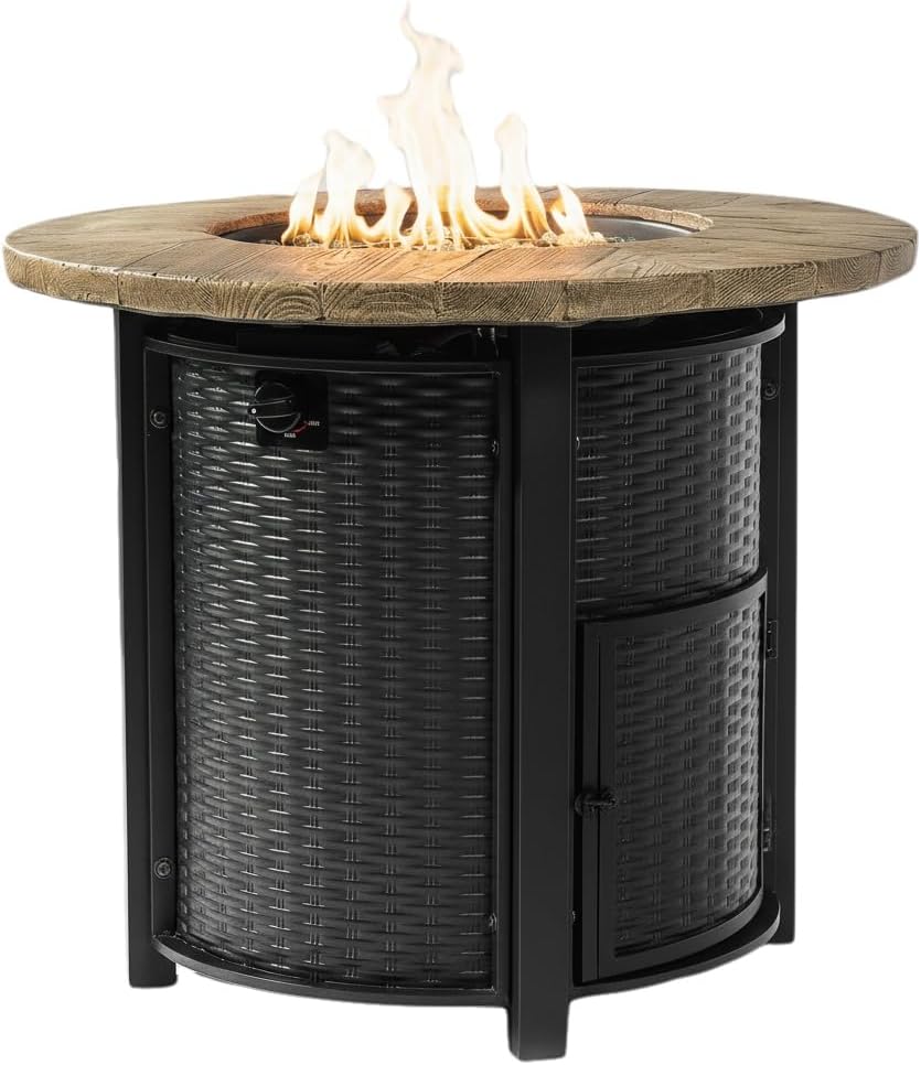 30 Inch Outdoor Propane Fire Pit Table,50000 BTU Steel Gas Firepit with with Woodgrain Top & Lava Rocks, Portable Round Patio Heater for Deck Garden Backyard
