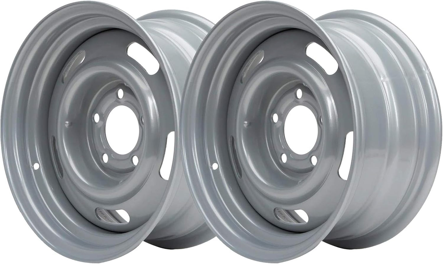Speedway Motors GM Style 15 x 7 Inch Silver Steel Rally Wheel, 5 on 4.75 Direct-Fit Bolt Pattern, 2 Pack, Rear-Wheel Drive Vehicle Only, 4.25” Wheel Backspacing