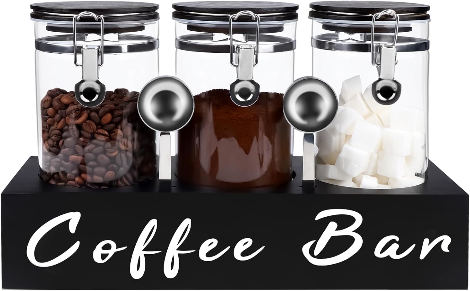 Liengoron 3 x 54 oz Glass Coffee Bean Storage Container with Shelf 3PCS Glass Containers with Airtight Locking Clamp Lid Spoons Coffee Canister Set Jars for Kitchen Food Storage Tea Sugar Black