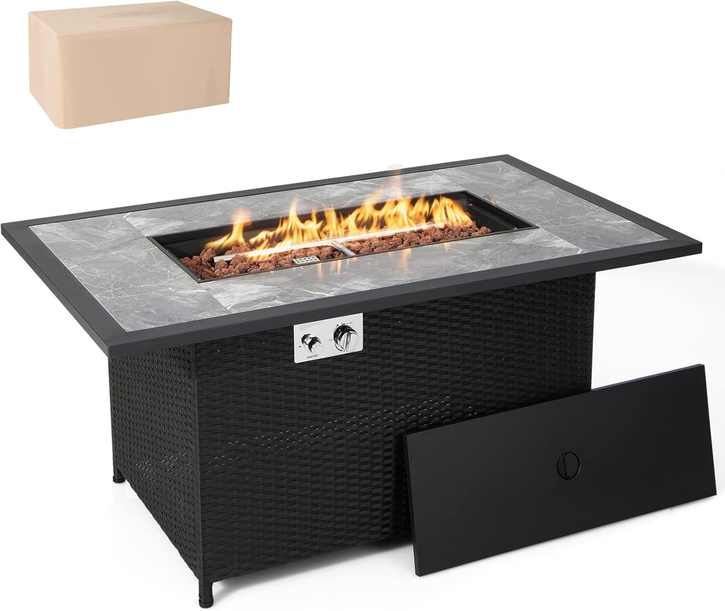 COSTWAY 52" Patio Propane Fire Pit Table, 50,000 BTU Outdoor Fire Table, Electric Pulse Ignition, Marble Tabletop & Weatherproof Rattan, Protective Cover Included, Perfect for Backyard, Poolside