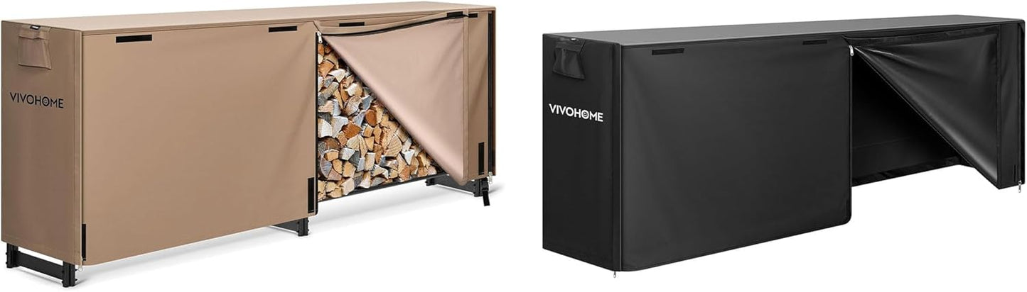 VIVOHOME 8ft Firewood Rack with Cover, Log Holder and Cover Combo Set with Zipper, Brown, with 8ft Waterproof Log Stand Cover with Zipper and Hook Loop Tape (Log Rack not Included) Black