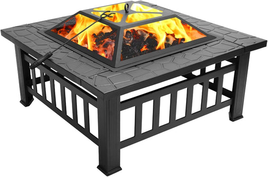 Outdoor Fire Pit Portable Courtyard Metal Fire Pit with Accessories Black Outdoor for Patio Picnic Party 32 Inch BBQ Table with Waterproof Cover for Outside Patio Camping