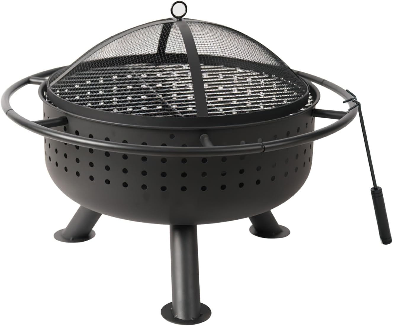 Outdoor Fire Pit with Grill, Black Metal, 26.57x21.26 Inch, Portable Charcoal BBQ Bowl, Mesh Spark Screen Cover, Multi-Functional Courtyard Cooking