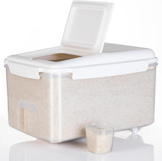 LivLab Mker Rice Storage Container 20 lbs - 15 lbs Airtight Flour Dispenser with Lids & wheel, BPA Free, kitchen organizers for Pet\/Cat\/Dog Food Storage Container (10 lbs), White