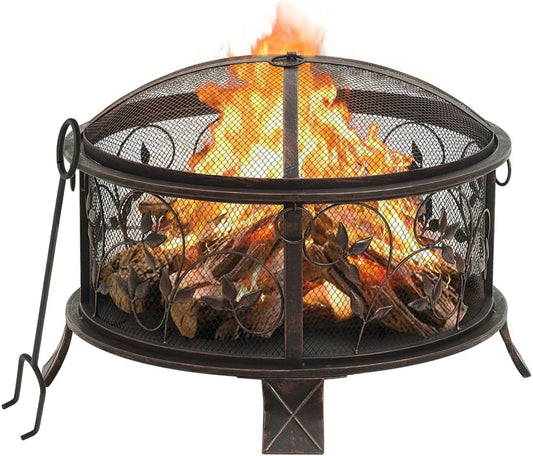 Rustic 26.6" XXL Steel Fire Pit with Mesh Cover, Outdoor Wood Burning Fireplace, Patio Heater with Poker Tool for Garden & Backyard Gatherings