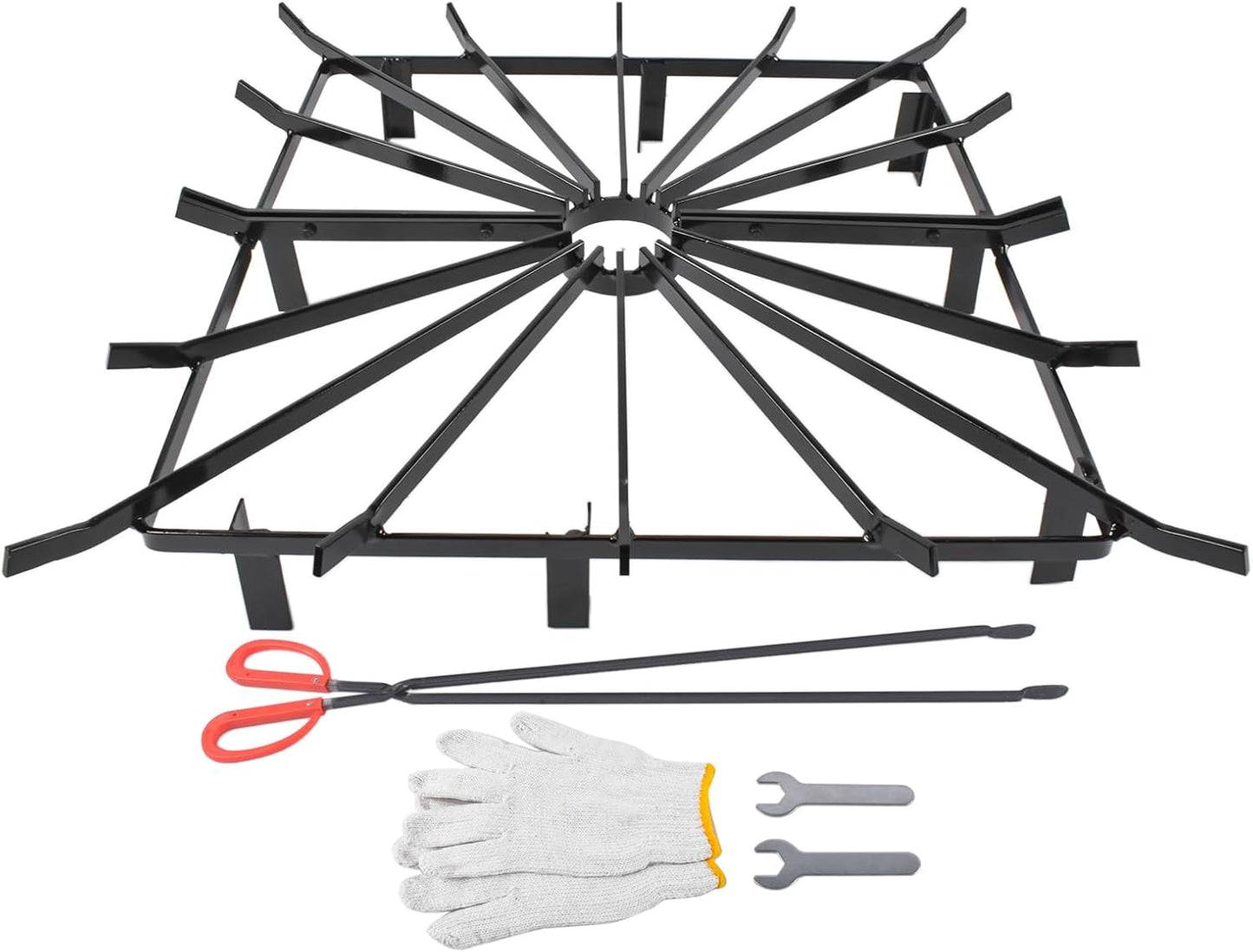 Square Wheel Fire Pit Grate Heavy Duty Steel 28x28 Inch, Includes Gloves & Poker Tool Mixizap