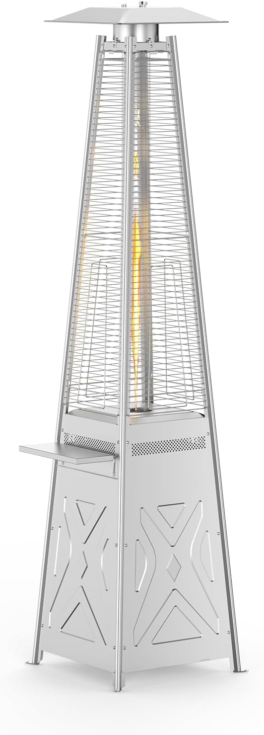 48000 BTU Pyramid Patio Heater, Outdoor Patio Heater, Tower Propane Heater with Wheels, Stainless Steel Space Heater with Explosion Proof Glass, for Home, Commercial, Residential