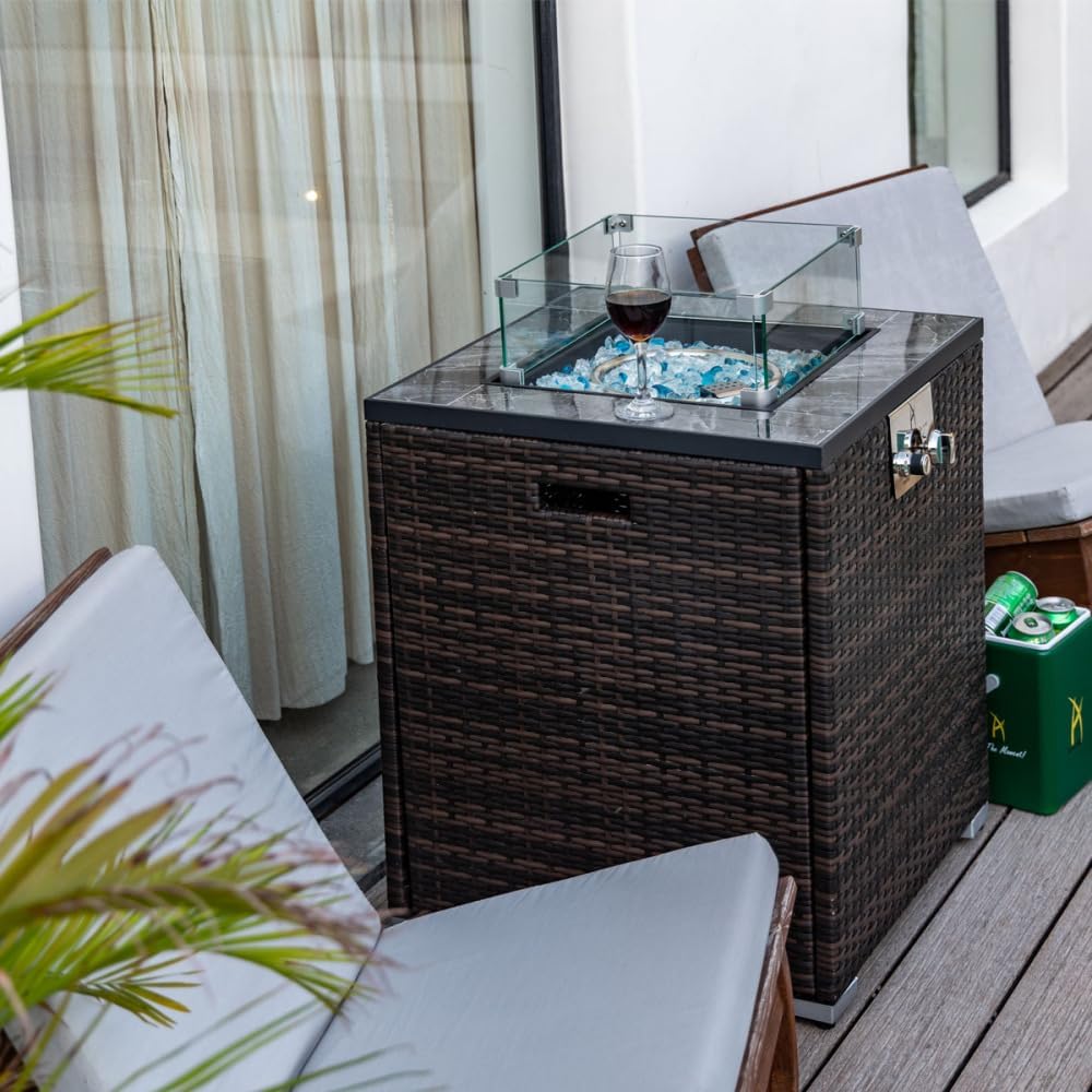 22 Inch Propane Fire Pit Table with Glass Wind Guard and Wicker Base for Outdoor Patio Garden Backyard Decor (Espresso + Wicker + Classic + French + French Country + Luxury)