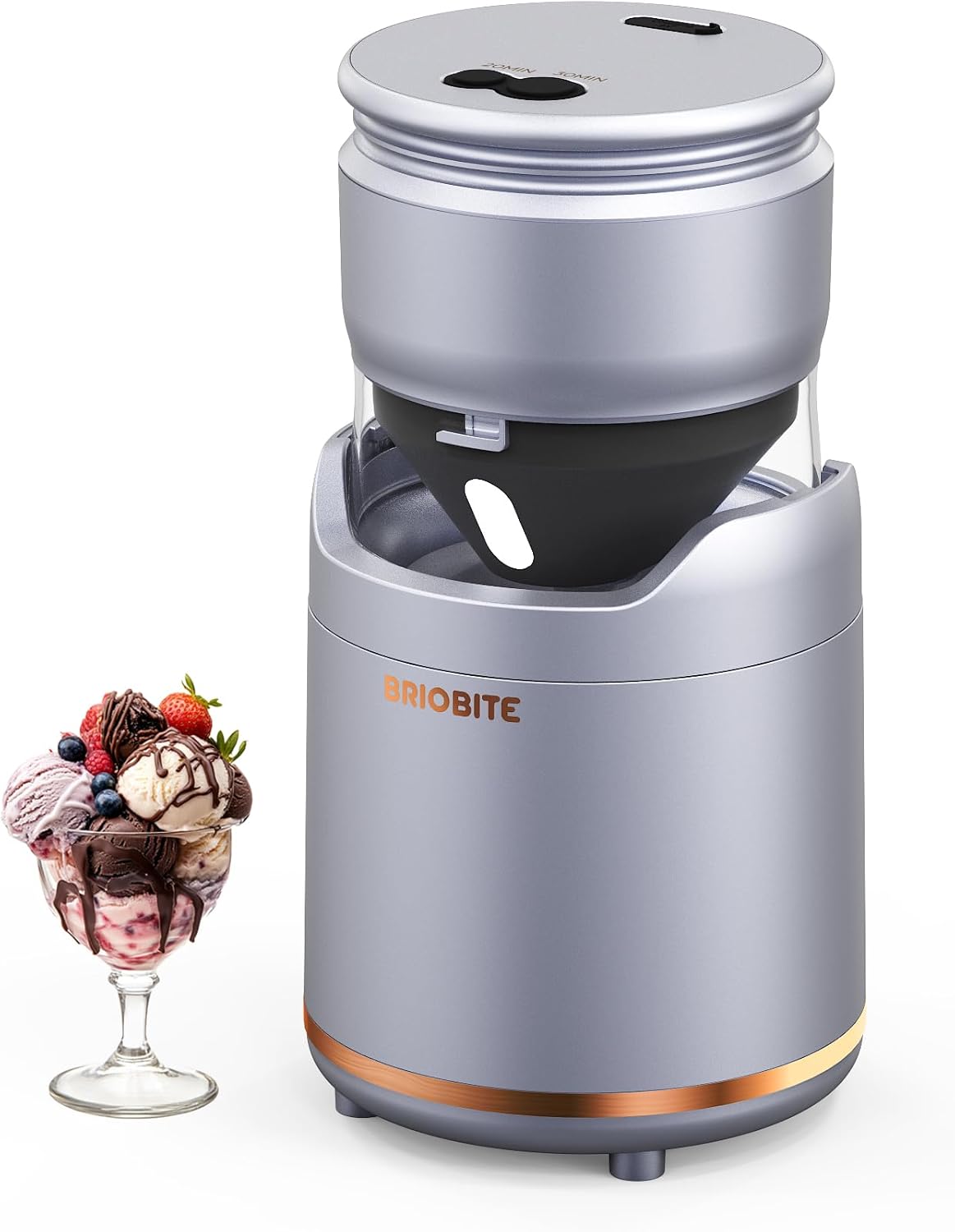 BRIOBITE Ice Cream Maker Machine \u2013 Premium Electric Mini Maker Machine with Low-Noise Operation, Rechargeable,Perfect for Gelato, Sorbet & Frozen Yogurt, Easy to Clean,Silver