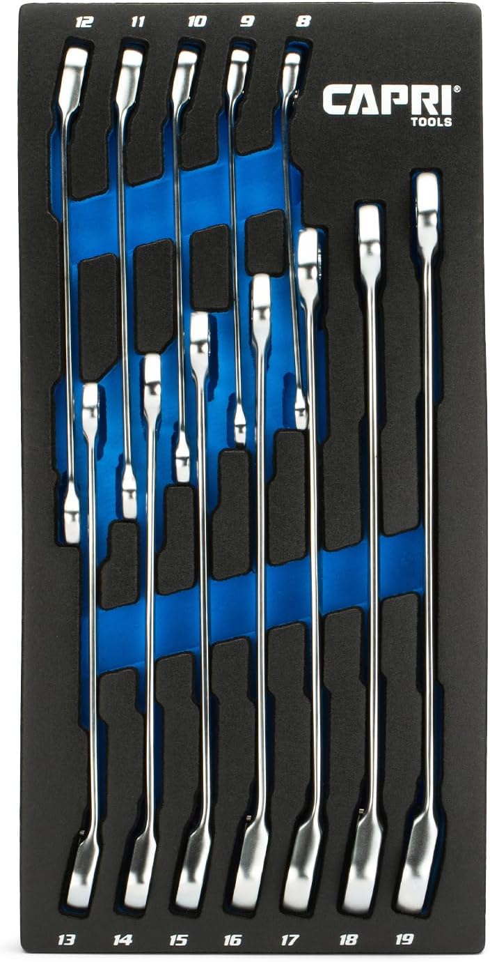 Capri Tools 120-Tooth Ultra-Smooth Reversible Ratcheting Wrenches Set, XL Long Series, 12-Point, 8 to 19 mm, Metric, 12-Piece with Merchanic's Tray