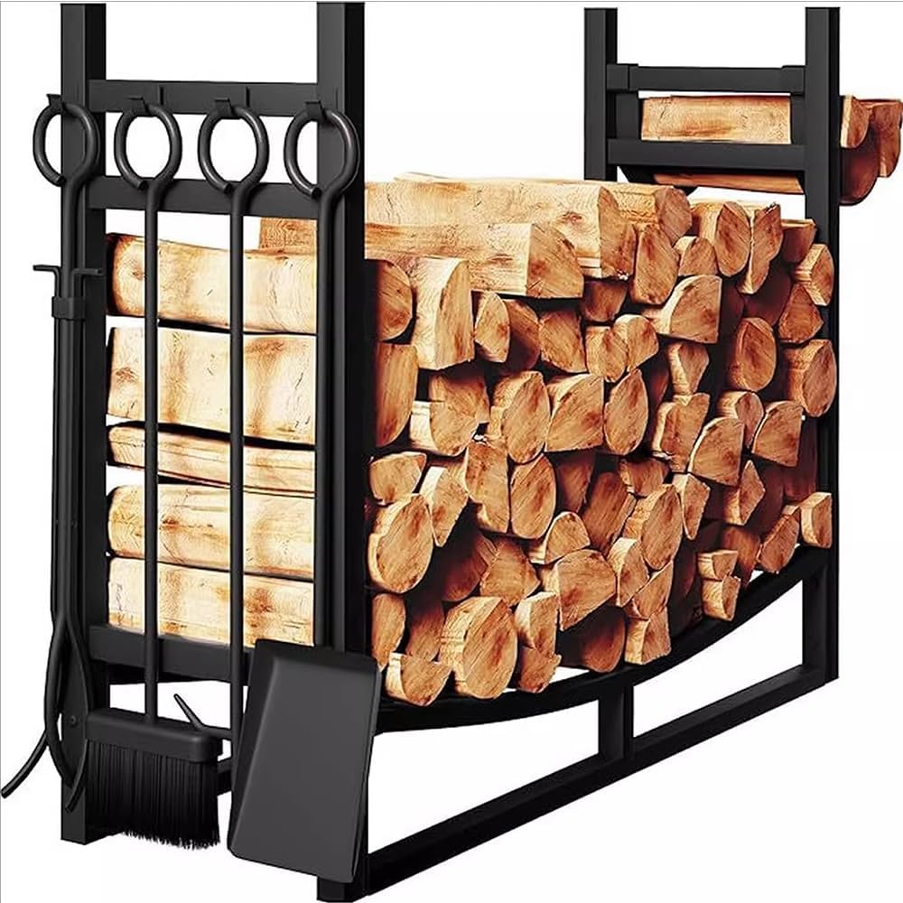 Fire Log Rack with 4 Fireplace Tools Set,32.7in Large Firewood Rack,Indoor and Outdoor Use Log Holder,Metal Wood Pile Storage Organizer,Patio Logs Stand Tool, Black