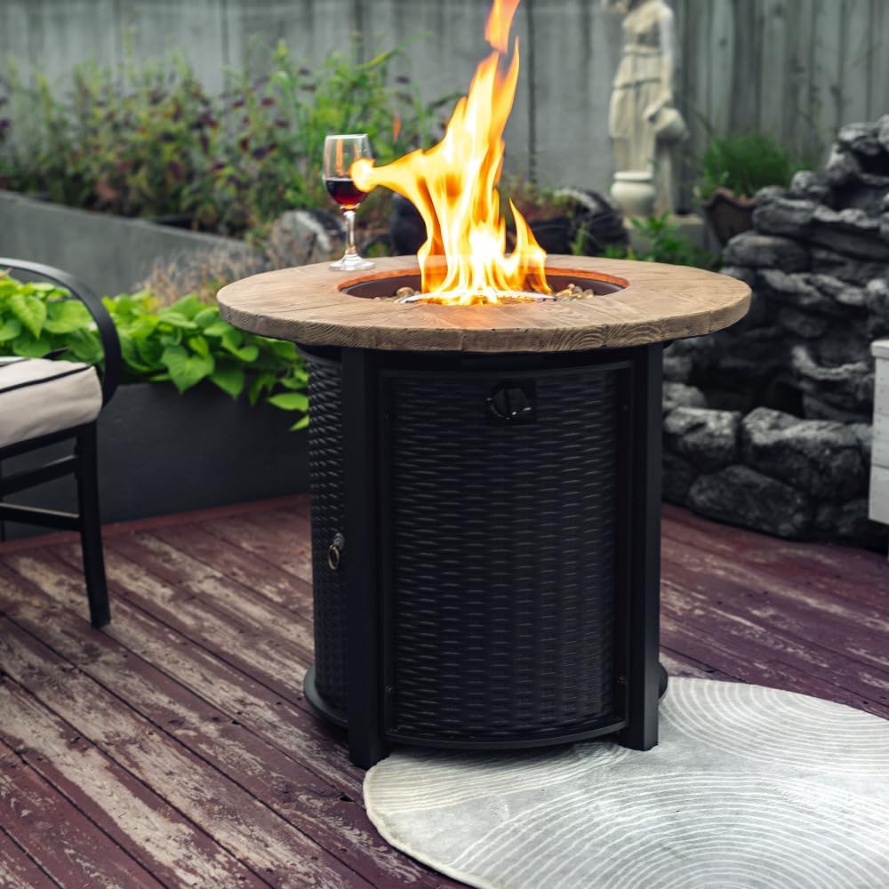 30 Inch Propane Fire Pit Table with Glass Stones, 50000 BTU Outdoor Heater for Patio Deck Backyard with Wood Grain Design (Black + Steel + Steel-2)