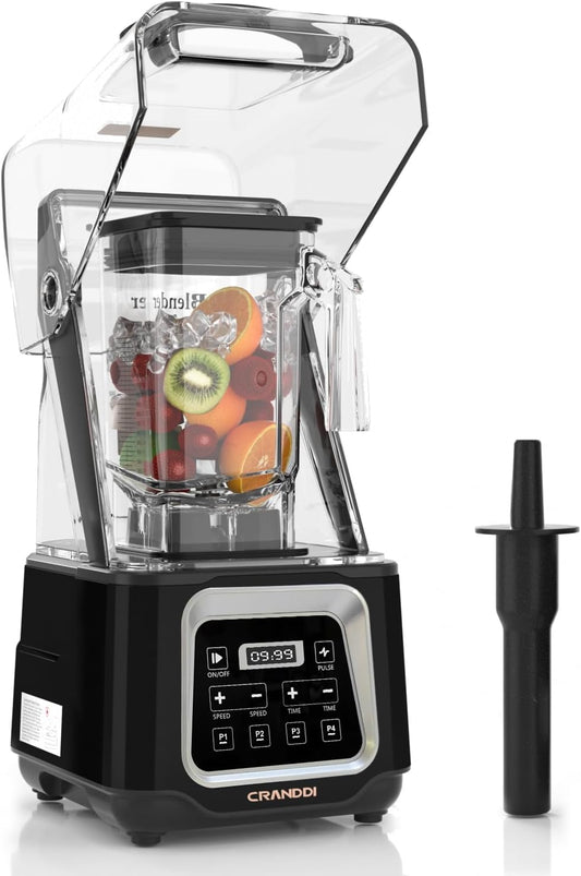 CRANDDI Commercial Smart Smoothie Blender - 2200W High-Power Professional Blenders for Smoothies & More, 4 Pre-Set Programs, Quiet Blender with Removable Shield, 52oz Jar, 120V, K80TS (Black)